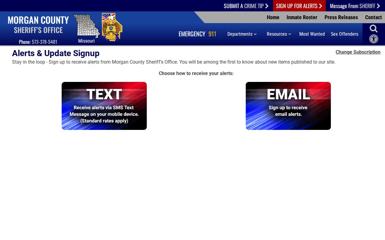 Morgan County Sheriff alerts signup page for email and SMS publication notices