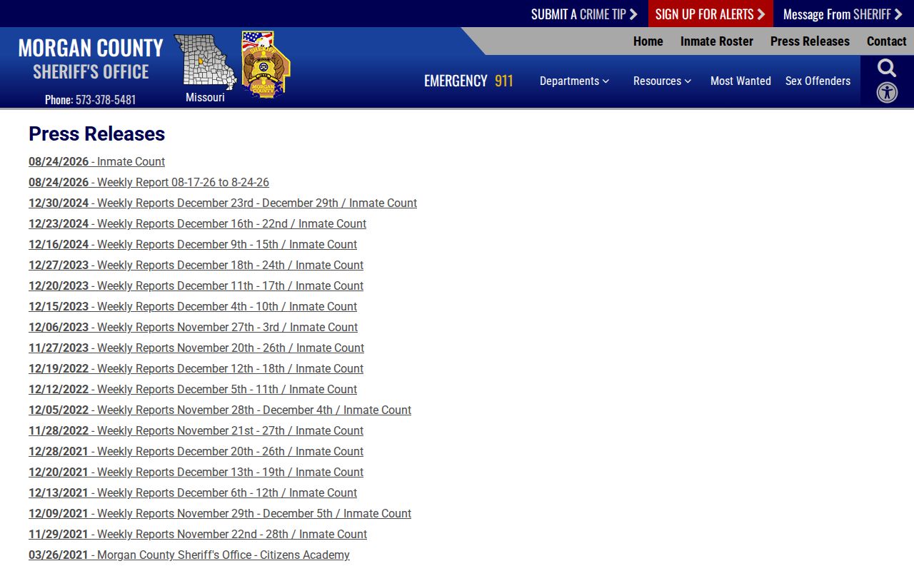 Morgan County booking record and official press archive dates and titles