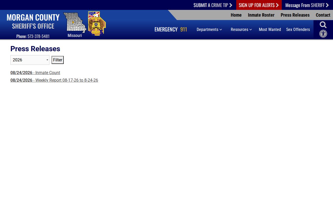 Morgan County Sheriff press-release list showing official reports and archive navigation