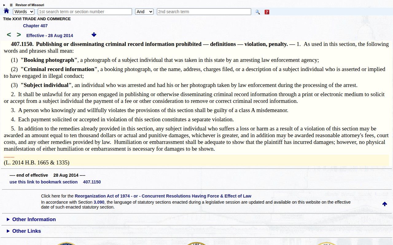 Morgan County booking-photo law record under Missouri Revised Statutes section 407.1150